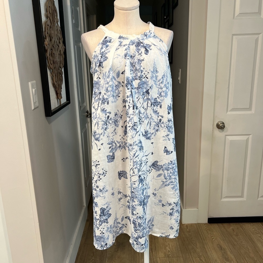 BELLAMBRA NWOT white linen halter mini dress with soft blue botanical print - Picture 3 of 15